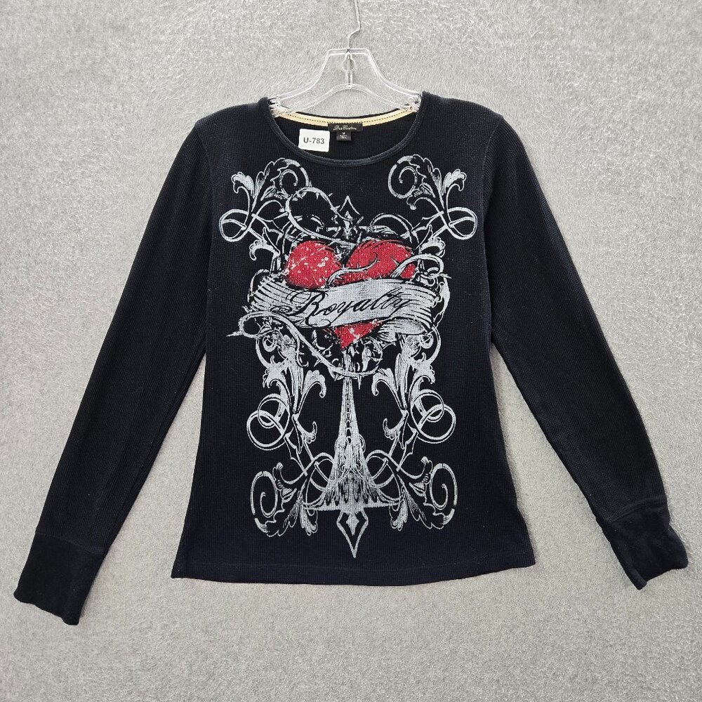 DNA Couture Women Top Medium Black Royalty Angel Wings Grunge Y2K Waffle Knit